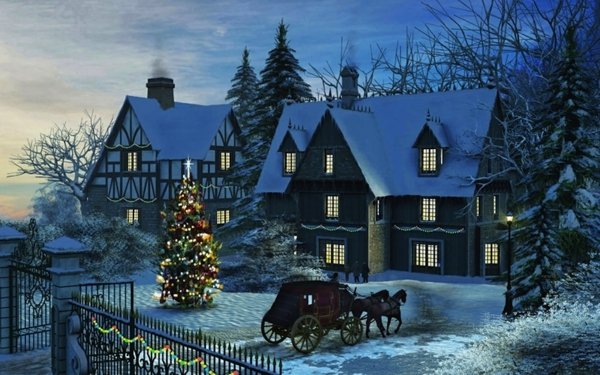 Holiday Christmas Winter House Night Horse Christmas Tree Light HD Wallpaper | Background Image