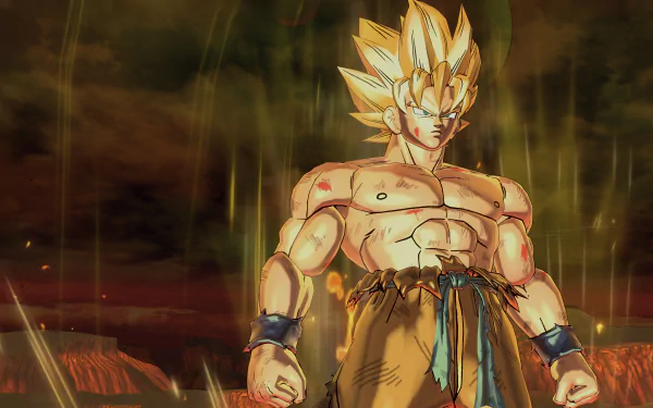 A high-definition wallpaper featuring Goku from Dragon Ball Xenoverse 2, showcasing his Super Saiyan form in a dramatic, fiery setting.