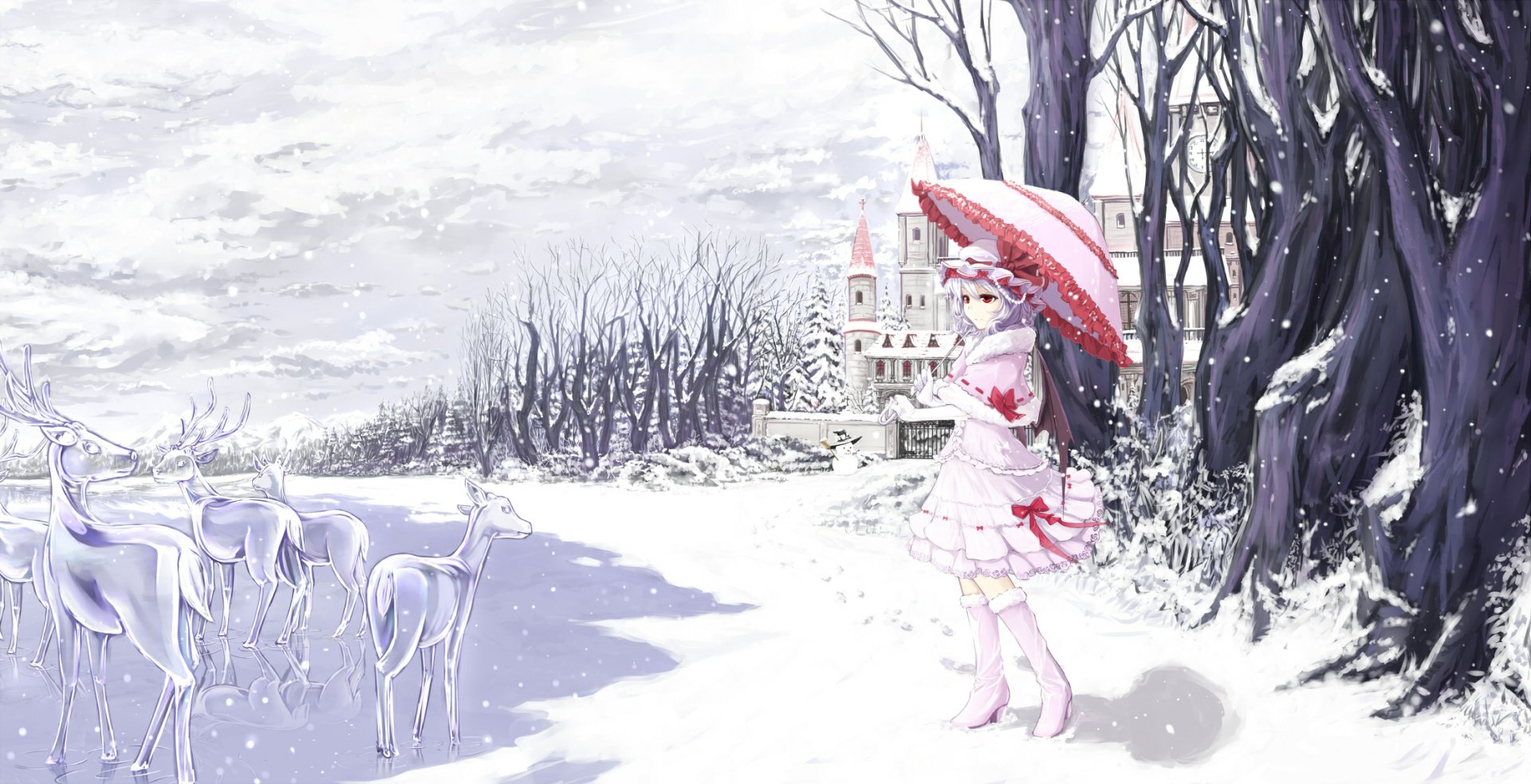 Anime-style HD desktop wallpaper of Remilia Scarlet in a pink dress and hat, holding an umbrella amidst snowy trees, with red eyes and blue short hair near a castle.