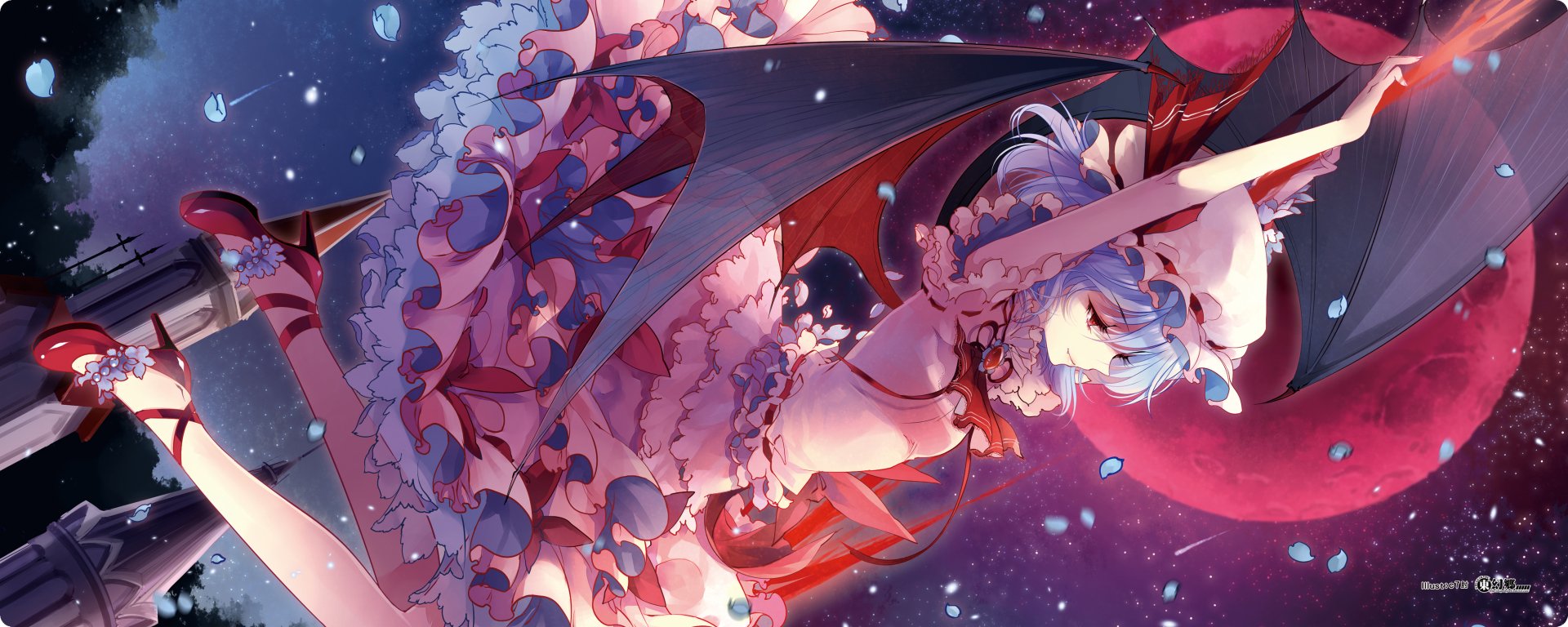 Remilia Scarlet (Touhou) in a frilly dress with bat wings and ribbons, reclining against a moonlit starfield in pink-red tones — 2K Quad HD PC desktop wallpaper.