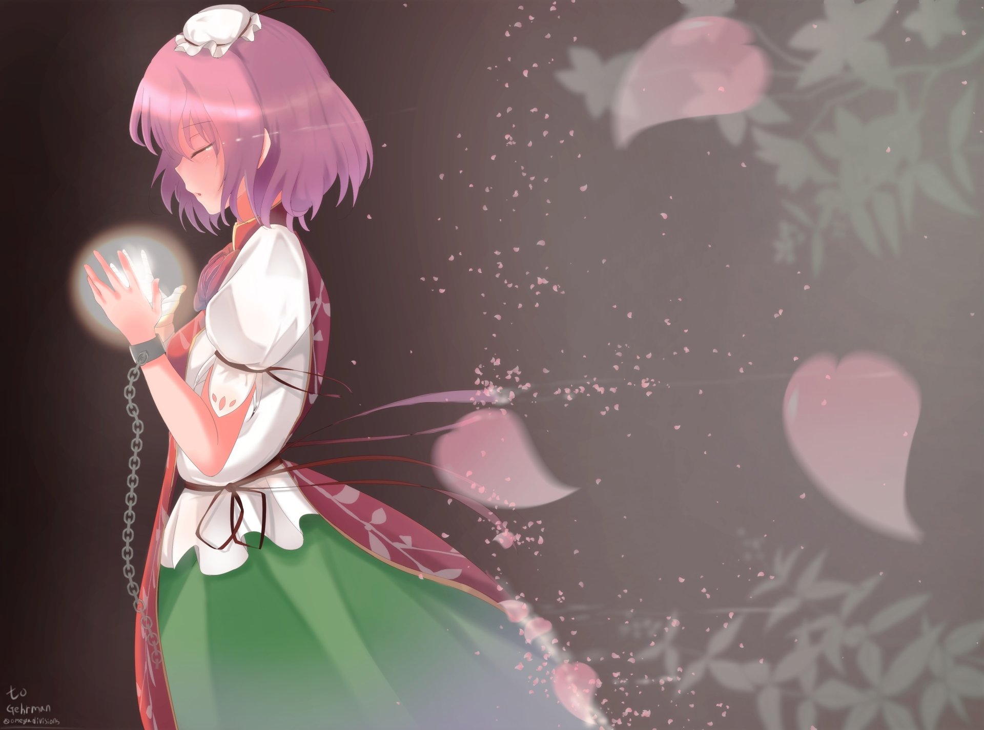 Kasen Ibaraki (Touhou) in anime style, side profile holding a glowing orb, pink hair and green skirt amid drifting cherry petals — 4K Ultra HD PC desktop wallpaper background.