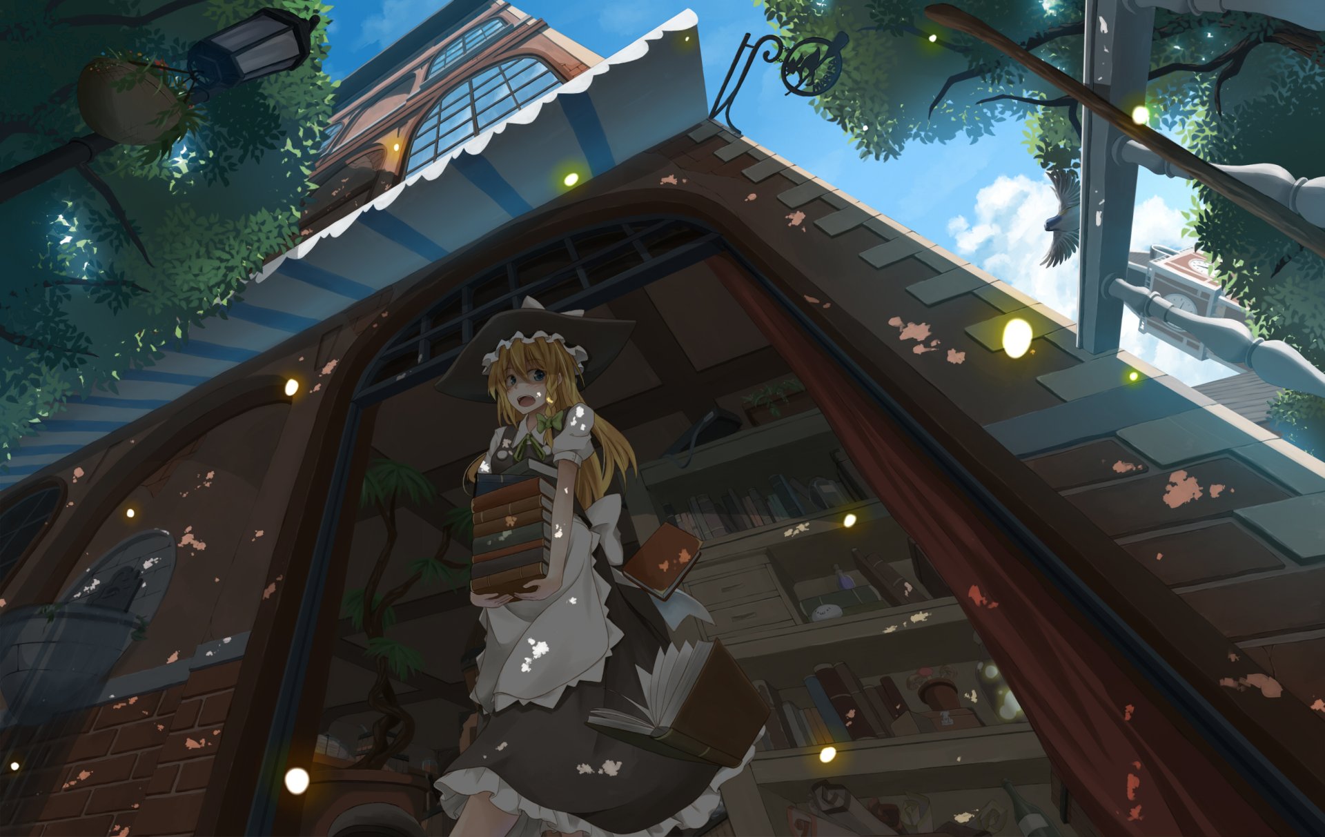 HD PC desktop wallpaper featuring Marisa Kirisame from the Touhou anime series, standing in a sunlit, detailed rustic setting with glowing fireflies.