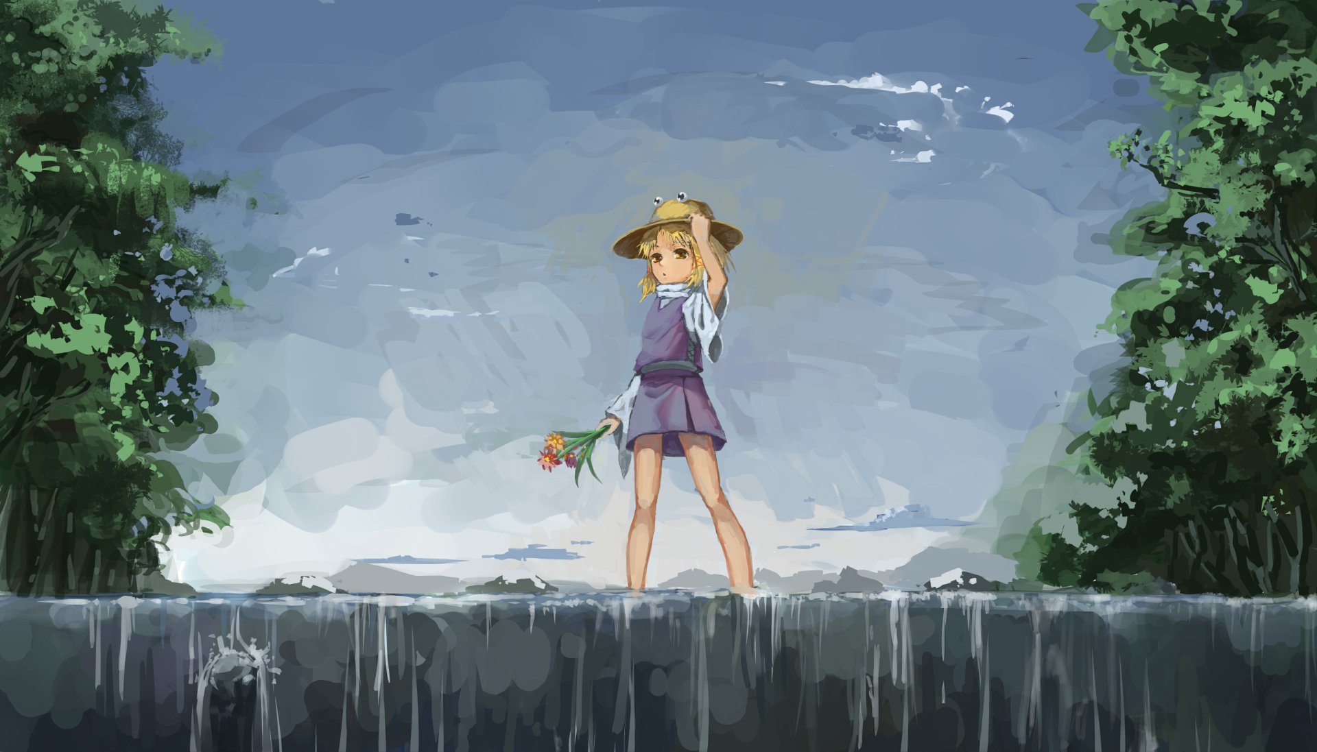 Anime scene of Suwako Moriya (Touhou) standing on a stone ledge, holding a frog hat and flower beneath a cloudy sky flanked by trees — 4K Ultra HD PC desktop wallpaper/background.