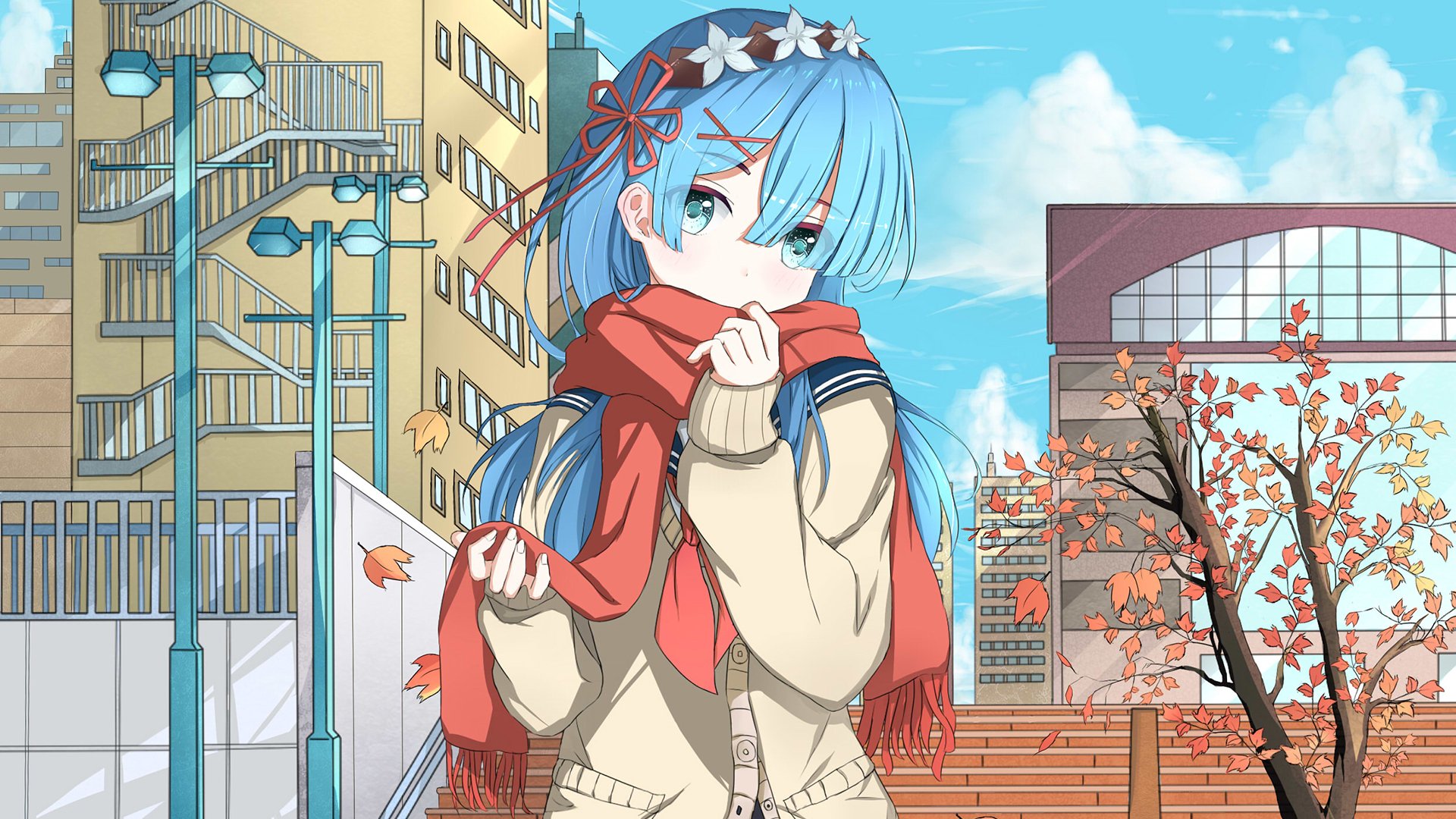 An HD wallpaper featuring Rem from Re:ZERO - Starting Life in Another World, dressed warmly with a red scarf, amidst an autumn backdrop in a vibrant urban setting.