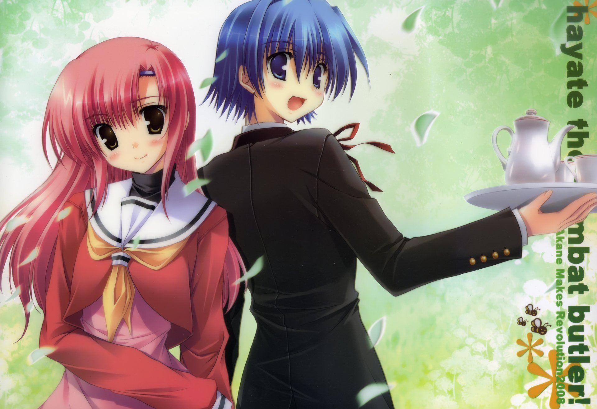 Anime 8K Ultra HD PC desktop wallpaper — Hayate the Combat Butler: blue-haired butler holding a tray, pink-haired girl in school uniform against a soft green floral background.