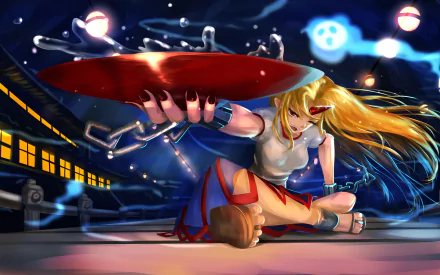 Yuugi Hoshiguma (Touhou) anime HD PC desktop wallpaper: blonde oni crouched with a red tray, chained, surrounded by blue glowing orbs against a night cityscape.