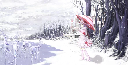 Anime-style HD desktop wallpaper of Remilia Scarlet in a pink dress and hat, holding an umbrella amidst snowy trees, with red eyes and blue short hair near a castle.