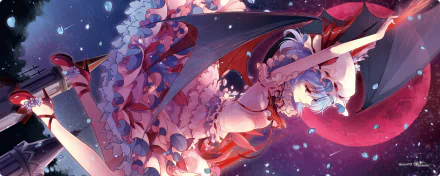 Remilia Scarlet (Touhou) in a frilly dress with bat wings and ribbons, reclining against a moonlit starfield in pink-red tones — 2K Quad HD PC desktop wallpaper.