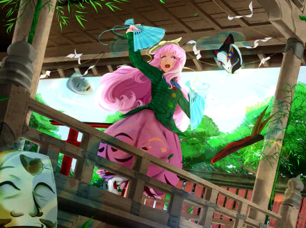 Hata no Kokoro (Touhou) anime: pink-haired girl with mask motifs and parasol on a wooden veranda amid lush forest — 4K Ultra HD PC desktop wallpaper and background.