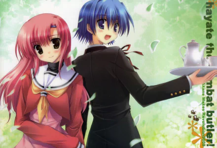 Anime 8K Ultra HD PC desktop wallpaper — Hayate the Combat Butler: blue-haired butler holding a tray, pink-haired girl in school uniform against a soft green floral background.