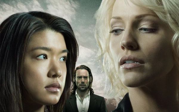 HD wallpaper from Battlestar Galactica (2003) features intense close-ups of three characters against a dramatic backdrop, highlighting the show's gripping narrative and emotional conflicts.