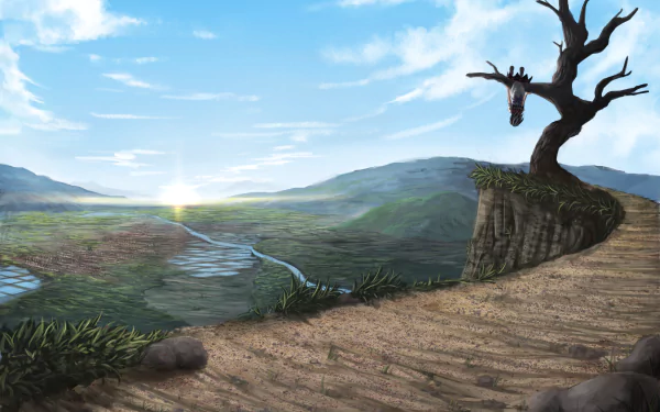 HD PC desktop wallpaper featuring a scenic landscape with rolling hills, a winding river, and a solitary twisted tree, inspired by Seija Kijin from Touhou anime.