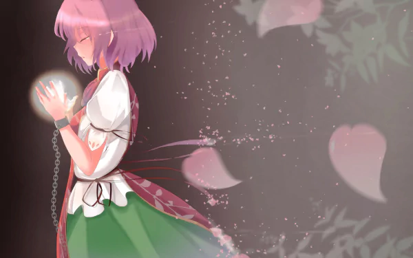 Kasen Ibaraki (Touhou) in anime style, side profile holding a glowing orb, pink hair and green skirt amid drifting cherry petals — 4K Ultra HD PC desktop wallpaper background.