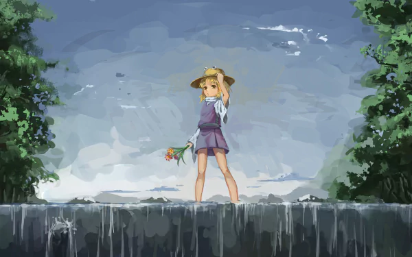 Anime scene of Suwako Moriya (Touhou) standing on a stone ledge, holding a frog hat and flower beneath a cloudy sky flanked by trees — 4K Ultra HD PC desktop wallpaper/background.