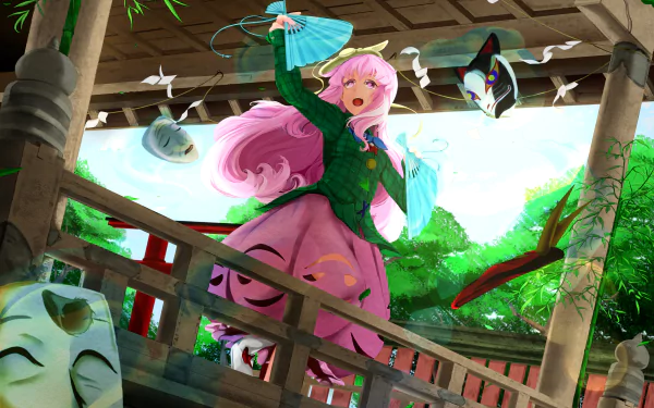 Hata no Kokoro (Touhou) anime: pink-haired girl with mask motifs and parasol on a wooden veranda amid lush forest — 4K Ultra HD PC desktop wallpaper and background.