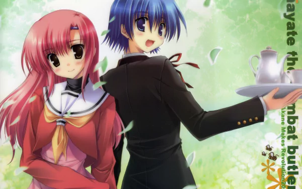 Anime 8K Ultra HD PC desktop wallpaper — Hayate the Combat Butler: blue-haired butler holding a tray, pink-haired girl in school uniform against a soft green floral background.
