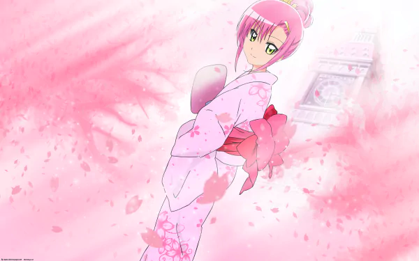 Hayate the Combat Butler anime 2K Quad HD desktop wallpaper: pink-haired girl in a floral kimono with green eyes, set against a soft, swirling cherry-blossom pink background.
