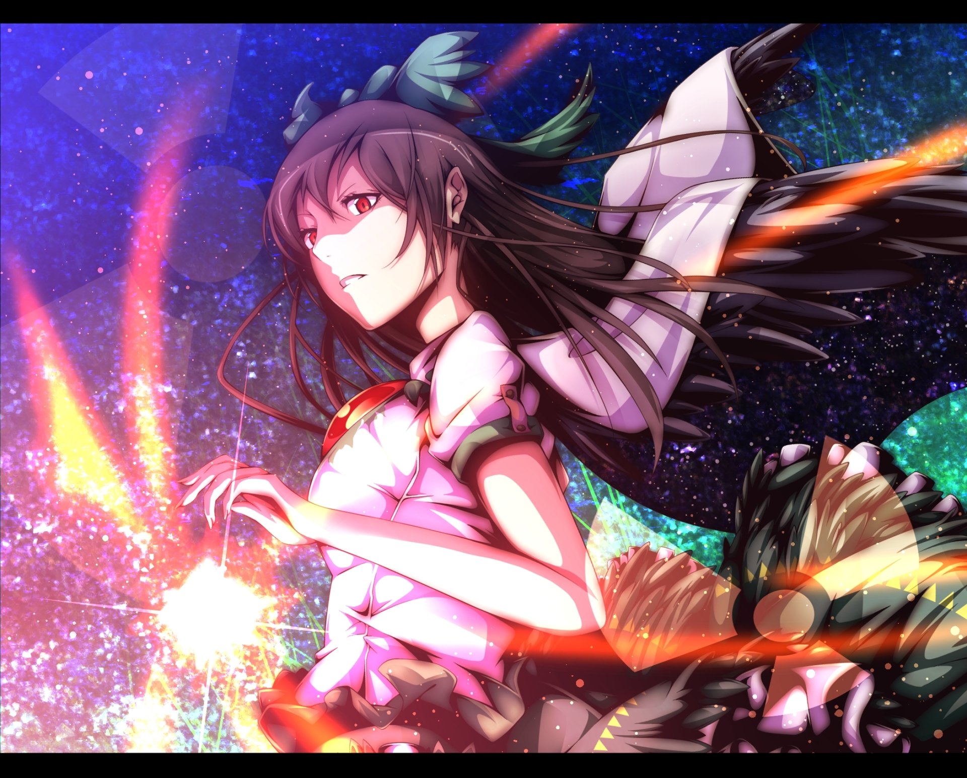 Utsuho Reiuji (Touhou) anime portrait, glowing fiery energy and feathered wings against a cosmic starfield — HD PC desktop wallpaper background