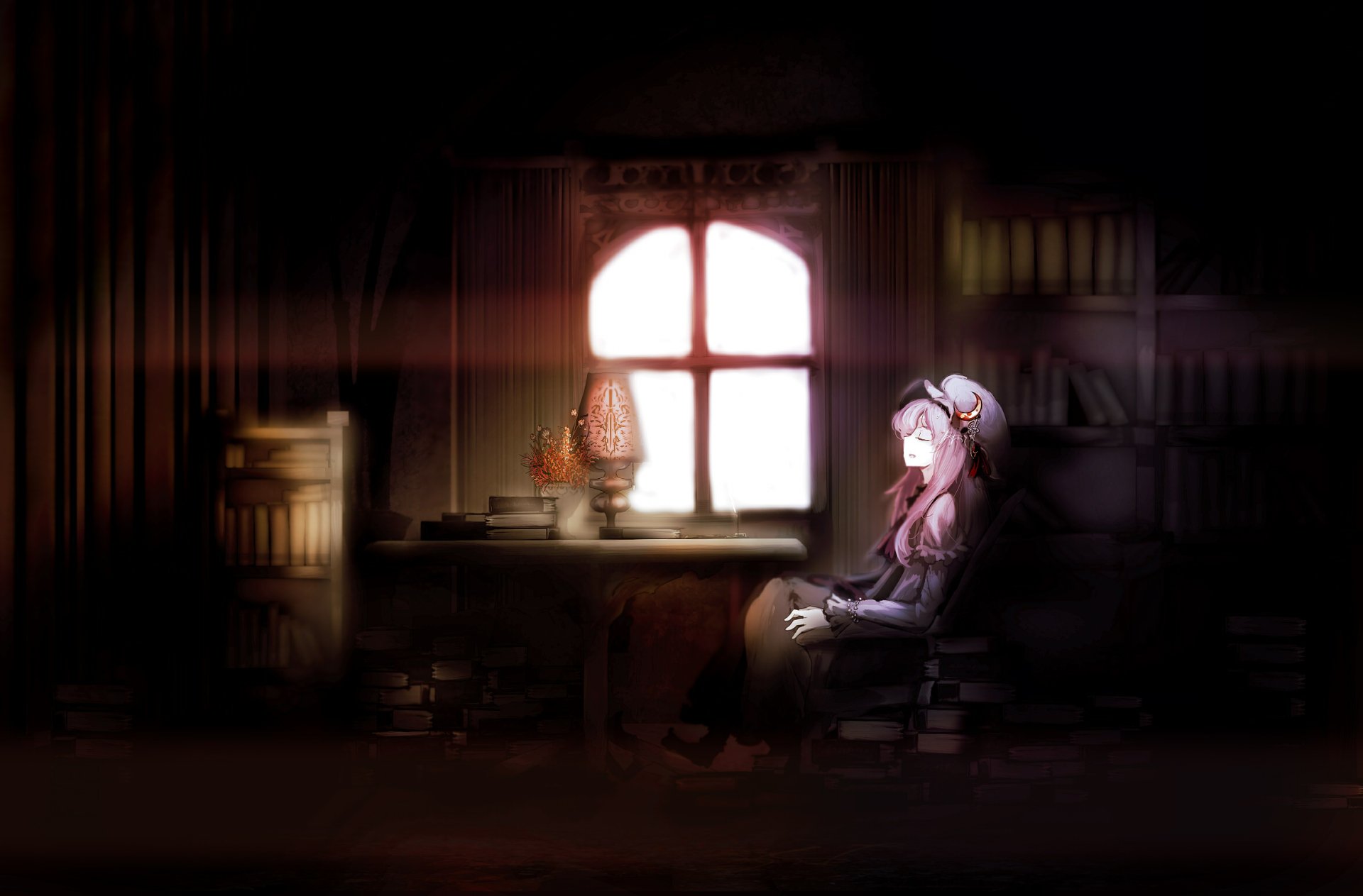 Anime-style HD desktop wallpaper featuring Patchouli Knowledge from Touhou, sitting thoughtfully beside a softly glowing lamp in a dimly lit room with a window behind her.