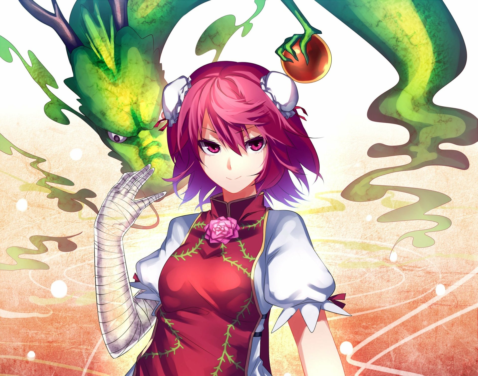 HD PC desktop wallpaper of Kasen Ibaraki (Touhou): anime-style portrait with pink hair, horned headpiece, red dress and bandaged arm, a green dragon curling behind her.
