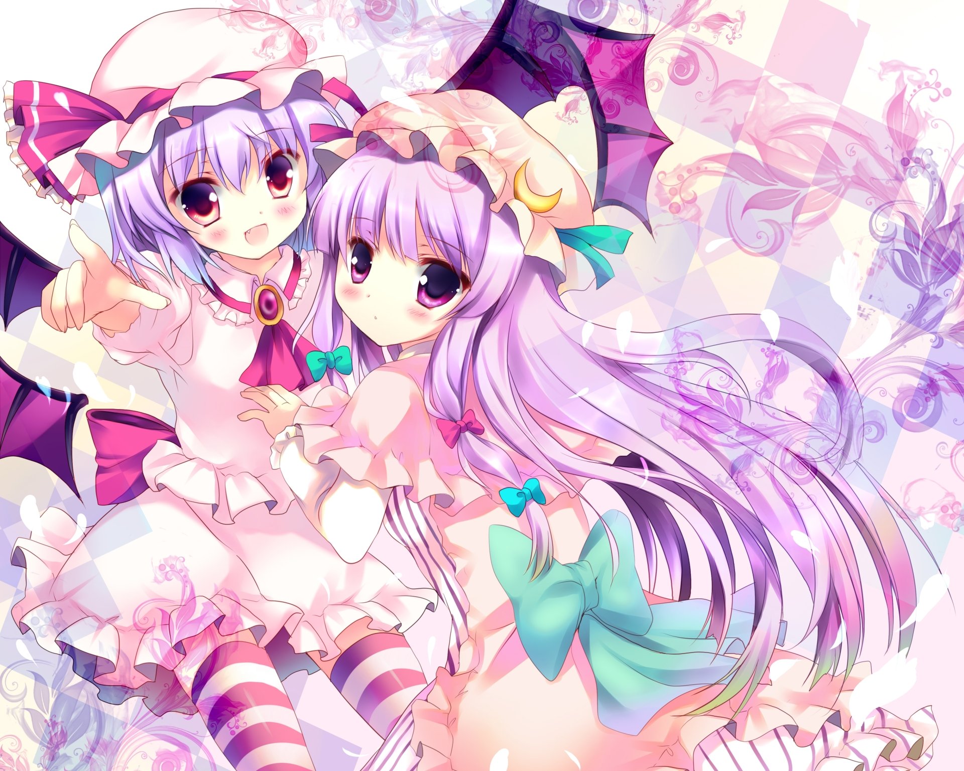 Remilia Scarlet and Patchouli Knowledge (Touhou) in anime style, pastel frilly dresses and ribbons, 4K Ultra HD PC desktop wallpaper/background.
