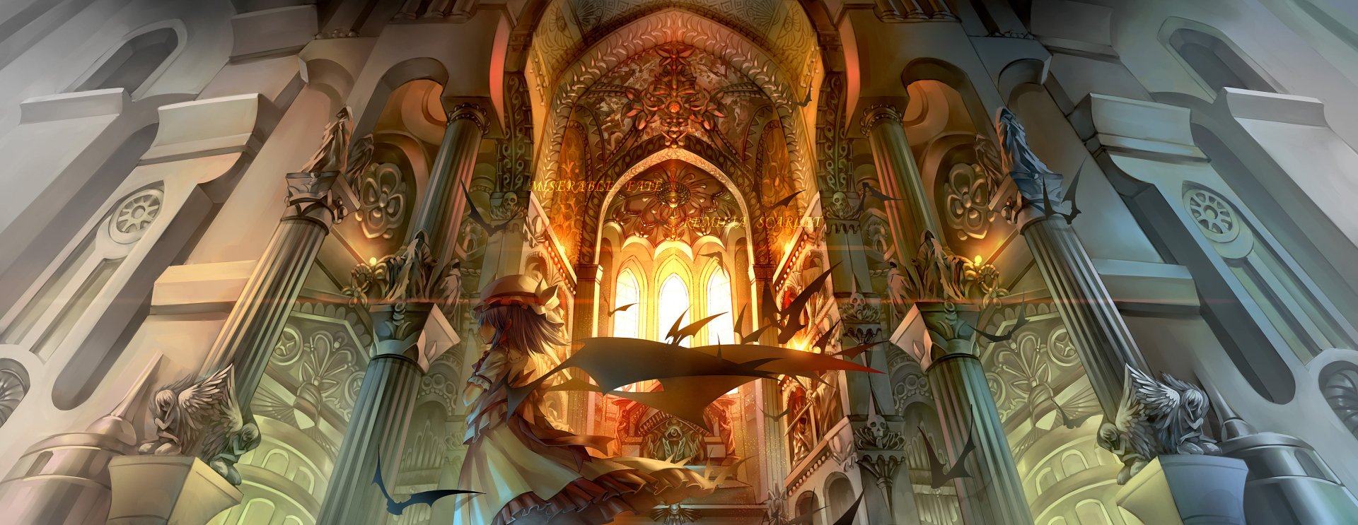HD PC desktop wallpaper/background: Remilia Scarlet (Touhou) in anime style, bat-winged silhouette in a sunlit, ornate gothic cathedral interior with warm stained-glass light.