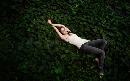Kristen Stewart lying on a lush green foliage background, a scene related to the Twilight movie. HD desktop wallpaper.