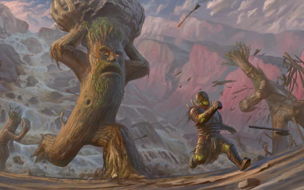 A fierce battle scene from The Lord of the Rings features a towering tree-like creature facing off against an orc amid rocky terrain under a cloudy sky.