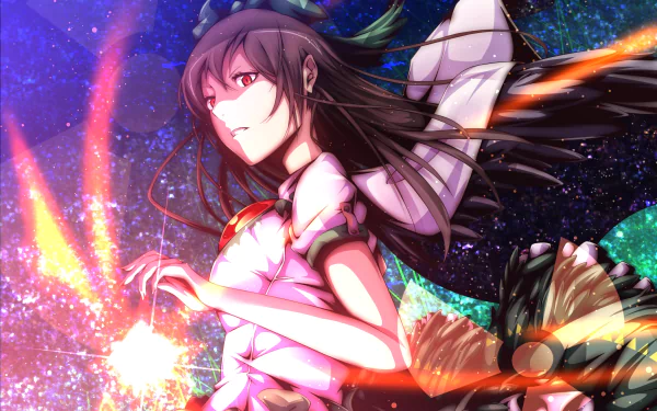 Utsuho Reiuji (Touhou) anime portrait, glowing fiery energy and feathered wings against a cosmic starfield — HD PC desktop wallpaper background