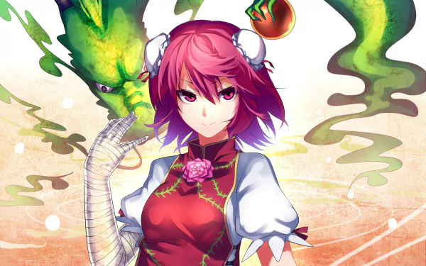 HD PC desktop wallpaper of Kasen Ibaraki (Touhou): anime-style portrait with pink hair, horned headpiece, red dress and bandaged arm, a green dragon curling behind her.