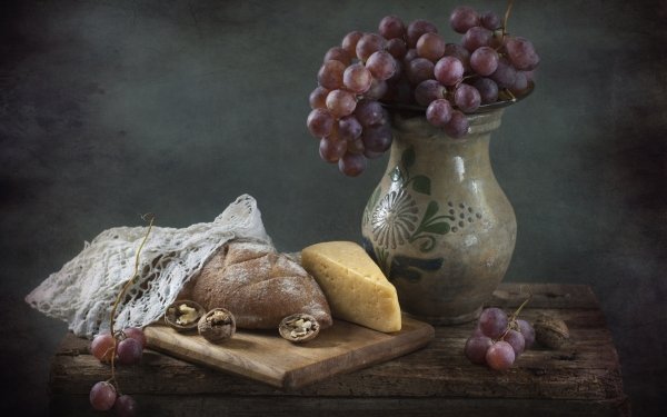 Photography Still Life Bread Cheese Grapes Fruit HD Wallpaper | Background Image