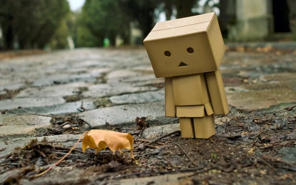 A charming Danbo figure stands on a cobblestone path, observing a fallen leaf in a serene outdoor setting, serving as an engaging HD desktop wallpaper and background.