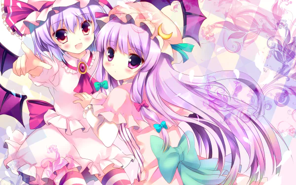 Remilia Scarlet and Patchouli Knowledge (Touhou) in anime style, pastel frilly dresses and ribbons, 4K Ultra HD PC desktop wallpaper/background.