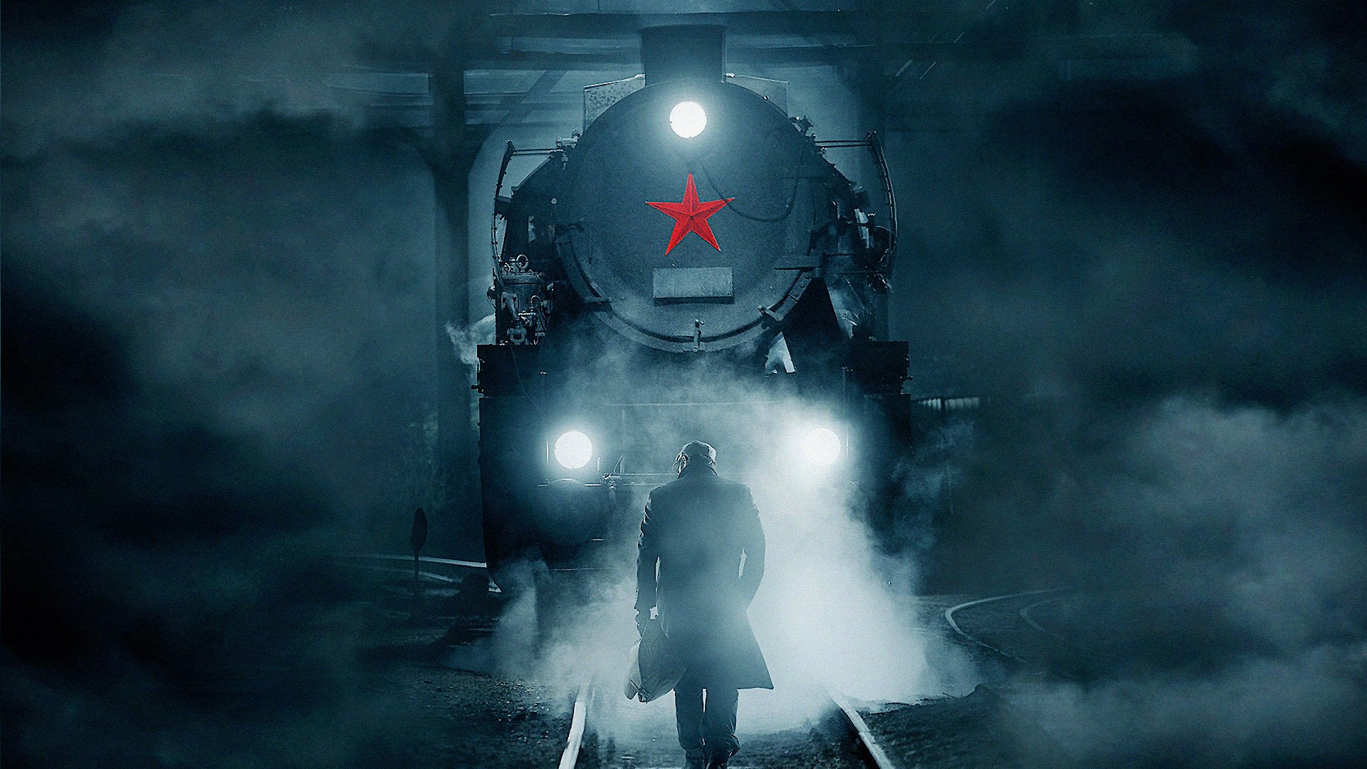 HD PC desktop wallpaper and background: fog-shrouded train with a red star, a lone figure approaching in a cinematic Child 44 movie scene.