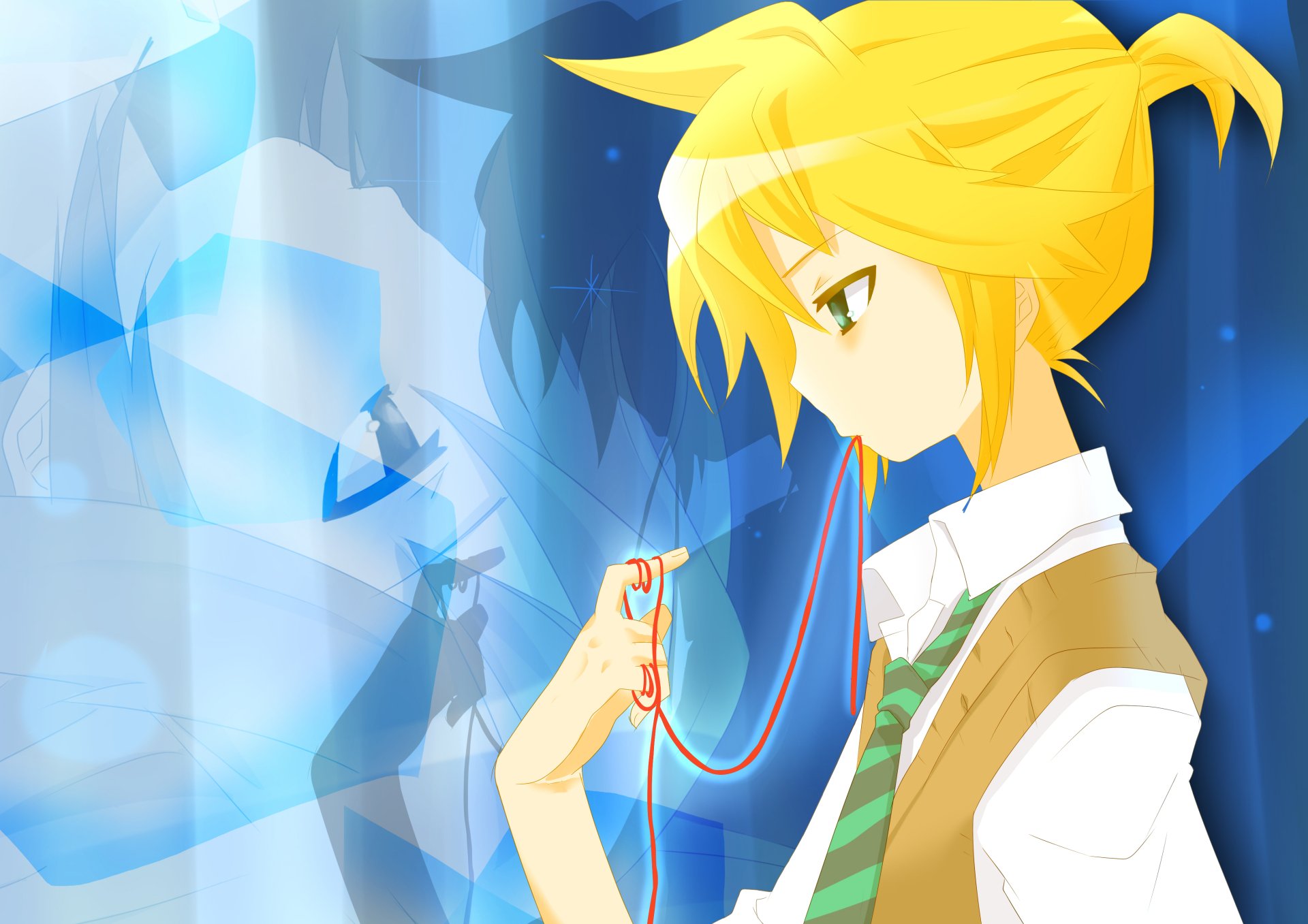 Len Kagamine (Vocaloid) anime 4K Ultra HD PC desktop wallpaper: side profile of Len in a vest and green tie holding a red string against a blue, reflective background.