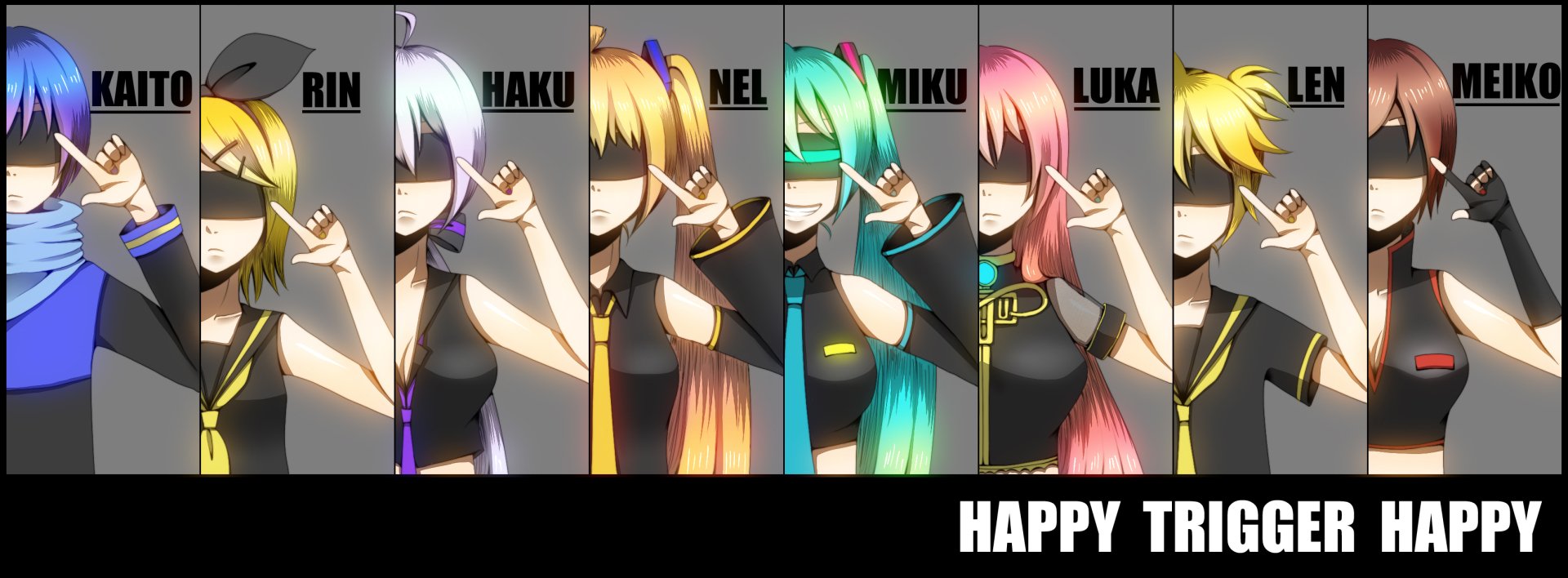 HD PC desktop wallpaper featuring Vocaloid characters Meiko, Len Kagamine, Luka Megurine, Hatsune Miku, NEL, Yowane Haku, Rin Kagamine, and Kaito in a vibrant anime style.