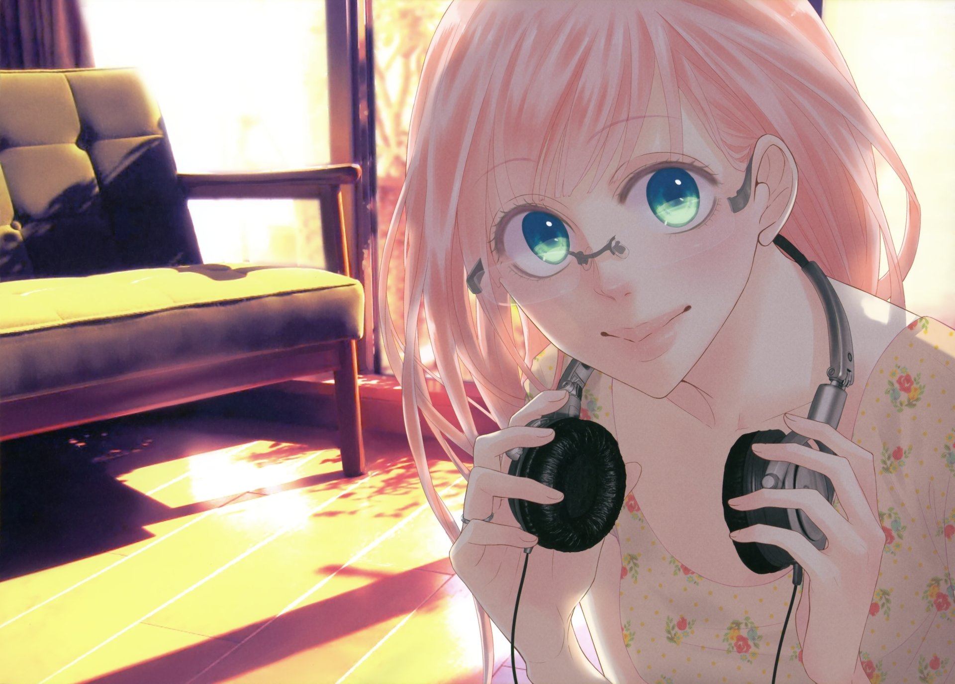 4K UHD PC desktop wallpaper of Luka Megurine (Vocaloid) from Just Be Friends — anime portrait with pink hair, glasses and green eyes, holding headphones in a warm, sunlit room.