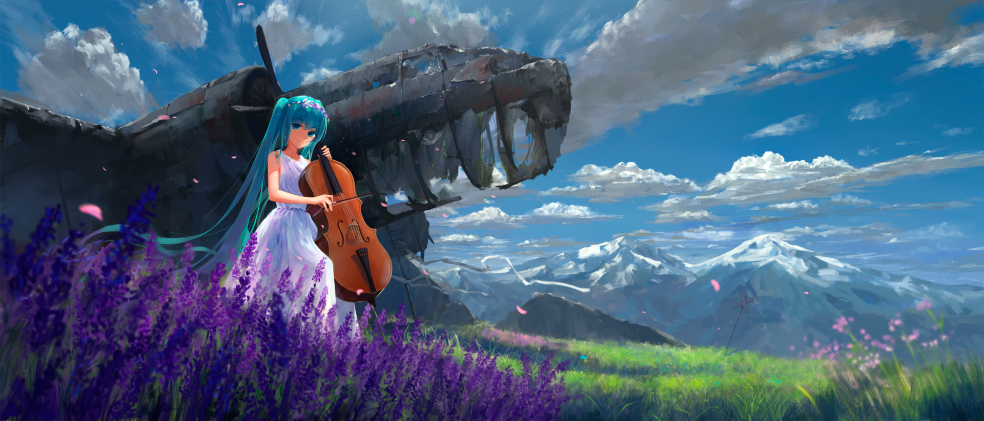 Anime character Hatsune Miku with blue hair and eyes, in a white dress, playing a violin in front of a scenic mountain landscape. HD wallpaper for desktop.
