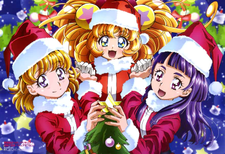 Anime 5K Ultra HD PC desktop wallpaper of Maho Girls PreCure! — three girls in Santa outfits joyfully holding a decorated Christmas tree against a snowy, sparkly night background.