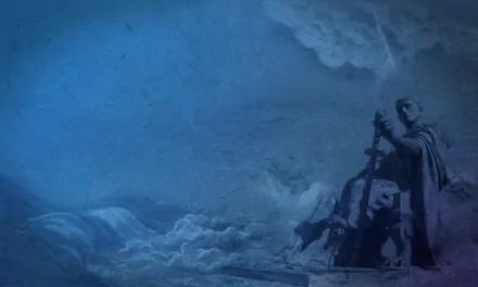 A captivating HD wallpaper featuring a statue holding a sword, set against a dramatic blue background with waves, embodying the spirit of Fedora technology.