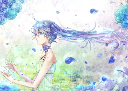 Yuki Miku (Hatsune Miku variant) in an ethereal anime Vocaloid scene: long blue hair and green dress with drifting petals — 2K Quad HD PC desktop wallpaper/background.