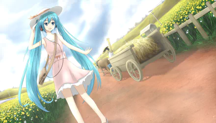 Anime 2K Quad HD PC wallpaper: Hatsune Miku (Vocaloid) in a pink sundress and straw hat, teal twin-tails on a sunlit country path by flower fields and a hay cart.