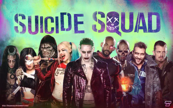 HD desktop wallpaper of the Suicide Squad movie featuring characters Deadshot, Harley Quinn, Joker, and Killer Croc against a colorful background with the movie title prominently displayed.