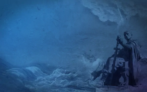A captivating HD wallpaper featuring a statue holding a sword, set against a dramatic blue background with waves, embodying the spirit of Fedora technology.