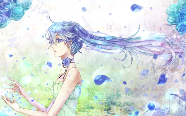 Yuki Miku (Hatsune Miku variant) in an ethereal anime Vocaloid scene: long blue hair and green dress with drifting petals — 2K Quad HD PC desktop wallpaper/background.