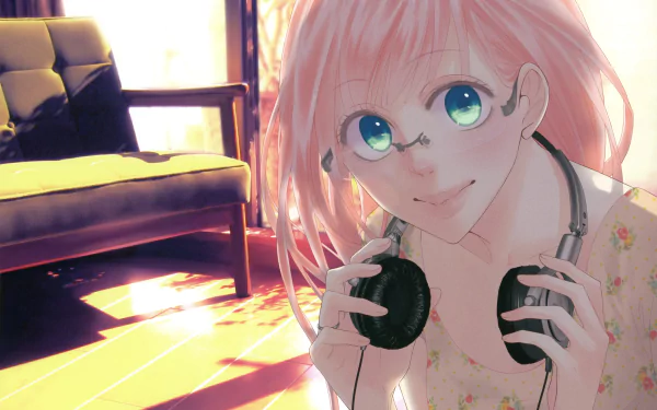 4K UHD PC desktop wallpaper of Luka Megurine (Vocaloid) from Just Be Friends — anime portrait with pink hair, glasses and green eyes, holding headphones in a warm, sunlit room.
