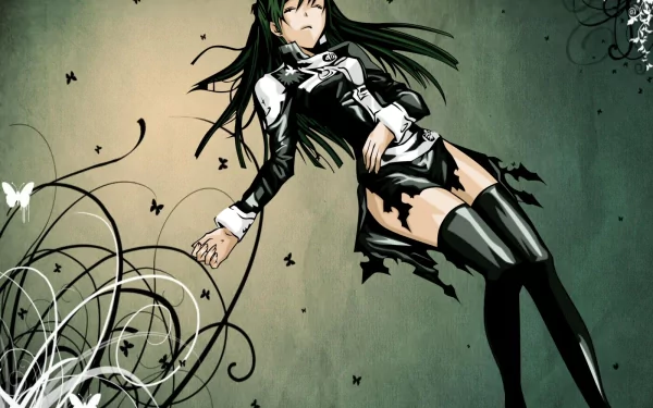 Animated girl with black hair in school uniform lying amidst abstract designs and butterflies, HD anime wallpaper.