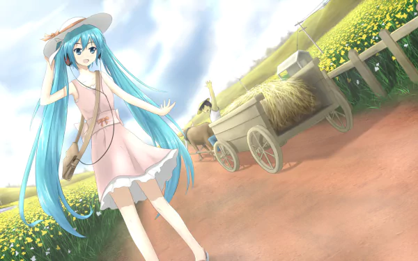 Anime 2K Quad HD PC wallpaper: Hatsune Miku (Vocaloid) in a pink sundress and straw hat, teal twin-tails on a sunlit country path by flower fields and a hay cart.