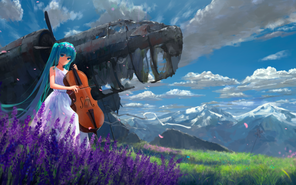 Anime Vocaloid Hatsune Miku Violin Cloud Mountain Twinitails Long Hair White Dress Blue Hair Blue Eyes HD Wallpaper | Background Image