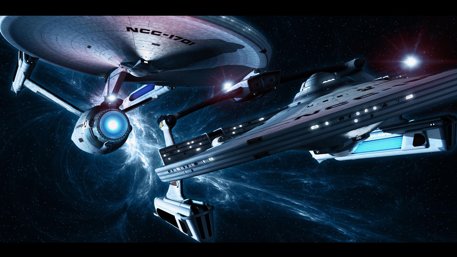 Star Trek starships, Enterprise and Reliant, in space.